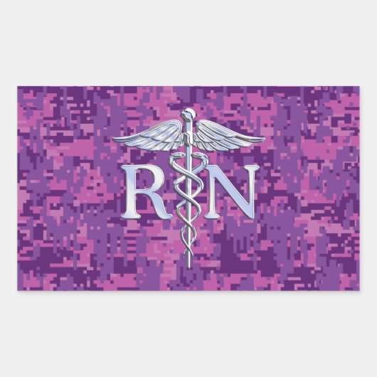 Sticker Rectangulaire Infirmière inscrite RN Silver Caduceus sur Camo Ro (Devant)