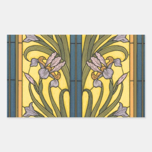 Sticker Rectangulaire Iris Fleur Art Nouveau Vitrail Bleu Or (Devant)