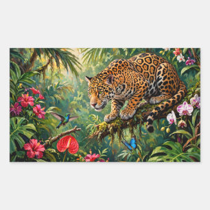 Sticker Rectangulaire Jaguar Forêt Tropicale Colibris Papillons Fleurs