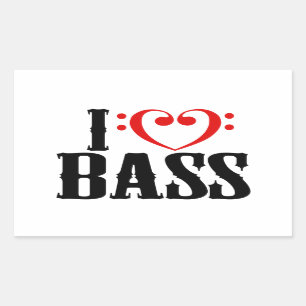 Sticker Rectangulaire J'aime la basse, avec le coeur de clef basse