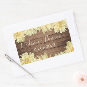 Sticker Rectangulaire Jaune Dahlia Fleur Russe Bois Mariage Date