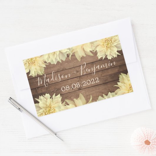 Sticker Rectangulaire Jaune Dahlia Fleur Russe Bois Mariage Date (Enveloppe)