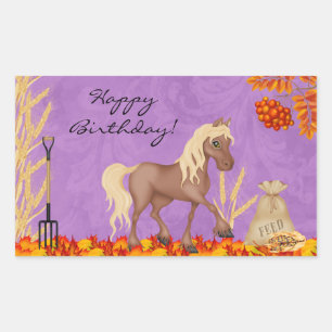 Sticker Rectangulaire Joli cheval en automne Feuilles Anniversaire Stick