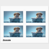 Sticker Rectangulaire Joli chiot dans Bain Bleu (Feuille)