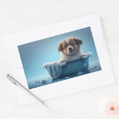 Sticker Rectangulaire Joli chiot dans Bain Bleu (Enveloppe)