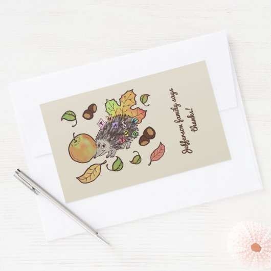 Sticker Rectangulaire Joli hérisson tiré à la main en automne avec feuil (Enveloppe)
