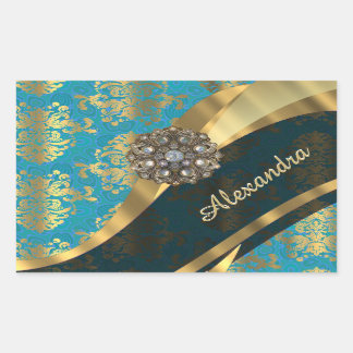 Sticker Rectangulaire Joli modèle personnalisé girly aqua damask modèle
