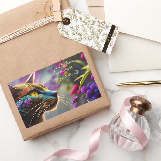 Sticker Rectangulaire Jolie fleur d'imaginaire Nom et adresse du chat (Cadeaux)