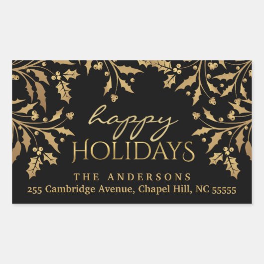 Sticker Rectangulaire Joyeuses vacances Noël Holly Gold Faux Foil (Devant)