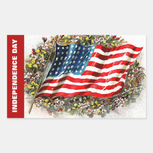 Sticker Rectangulaire Joyeux 4 juillet. Drapeau et fleurs vintages des É
