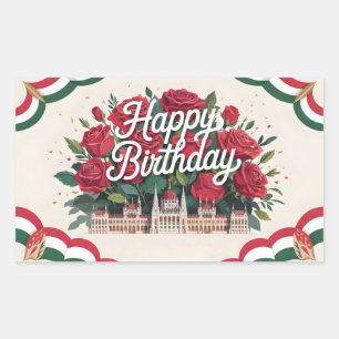 Sticker Rectangulaire Joyeux Anniversaire avec des Roses et le Parlement