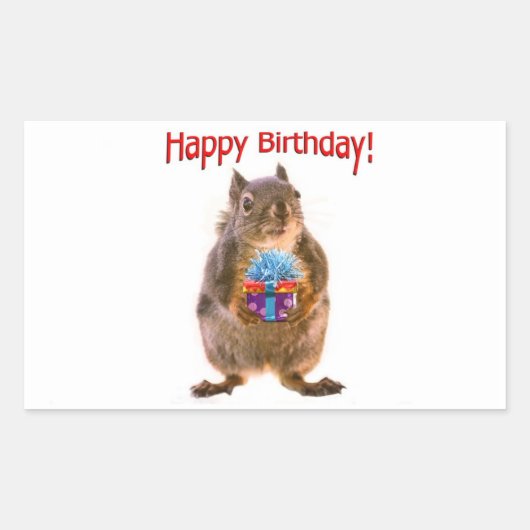 Sticker Rectangulaire Joyeux écureuil d'anniversaire avec présent (Devant)