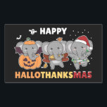 Sticker Rectangulaire Joyeux Hallothanksmas Elephant Christmas Elephant<br><div class="desc">Joyeux Hallothanksmas - heureux Halloween,  Thanksgiving et Noël. L'éléphant est habillé comme une chauve-souris à Halloween. Avec une tarte pour Thanksgiving. décorée de casquette Père Noël à Noël.</div>