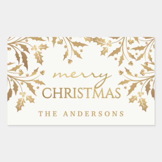 Sticker Rectangulaire Joyeux Noël Gold Shimmer Holly Branches (Devant)