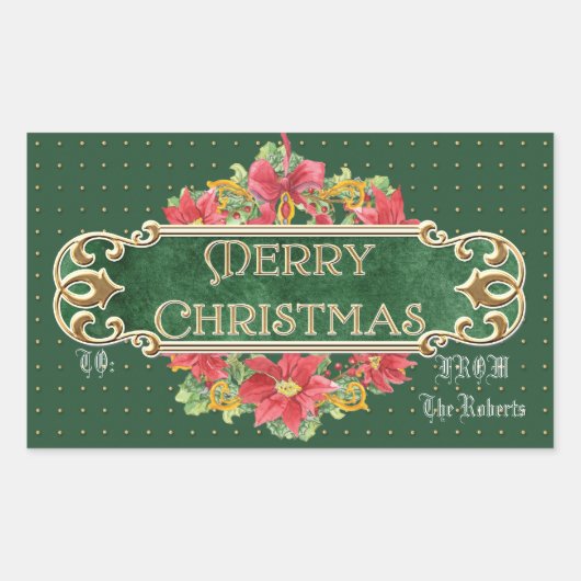 Sticker Rectangulaire Joyeux Noël Gold Swirl Poinsettia Wreath Jewel (Devant)