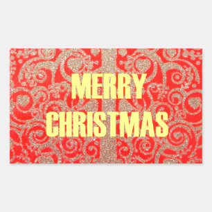 Sticker Rectangulaire Joyeux Noël Golden Red Parties scintillant Hearts