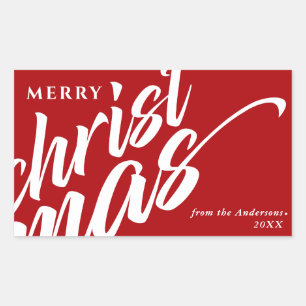 Sticker Rectangulaire Joyeux Noël Nom personnalisé Modern Bold Red