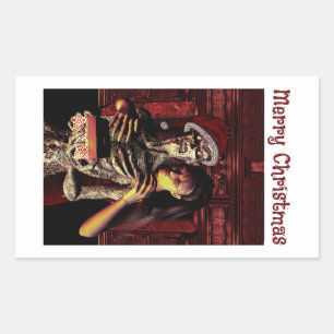 Sticker Rectangulaire Joyeux Noël. Squelette drôle avec femme