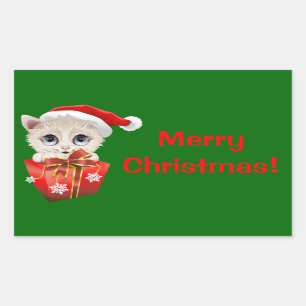 Sticker Rectangulaire Kitten Noël Père Noël avec cadeau
