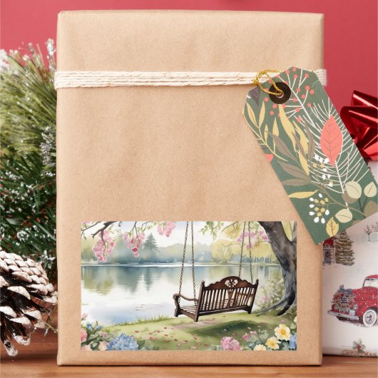 Sticker Rectangulaire Lakeside Swing dans le jardin d'aquarelle romantiq (vacances)