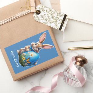 Sticker Rectangulaire Lapin de Pâques avec un nœud bleu -