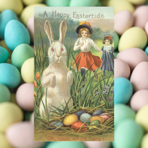 Sticker Rectangulaire Lapin de Pâques vintage et enfants Joyeuses Pâques