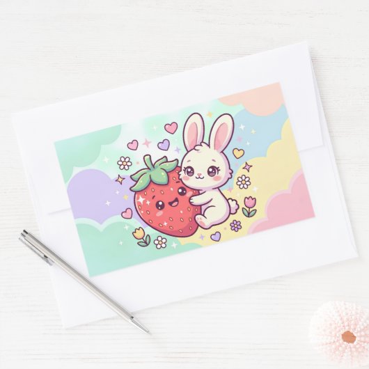 Sticker Rectangulaire Lapin Sucré à la Fraise (Enveloppe)