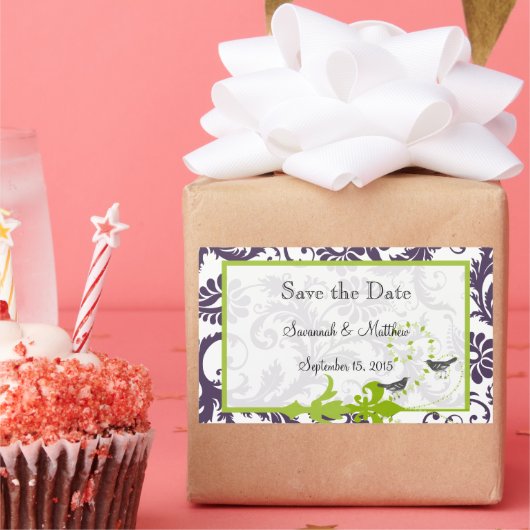 Sticker Rectangulaire Lapis Violet Pomme vert Damas Mariages d'oiseaux (Fête)