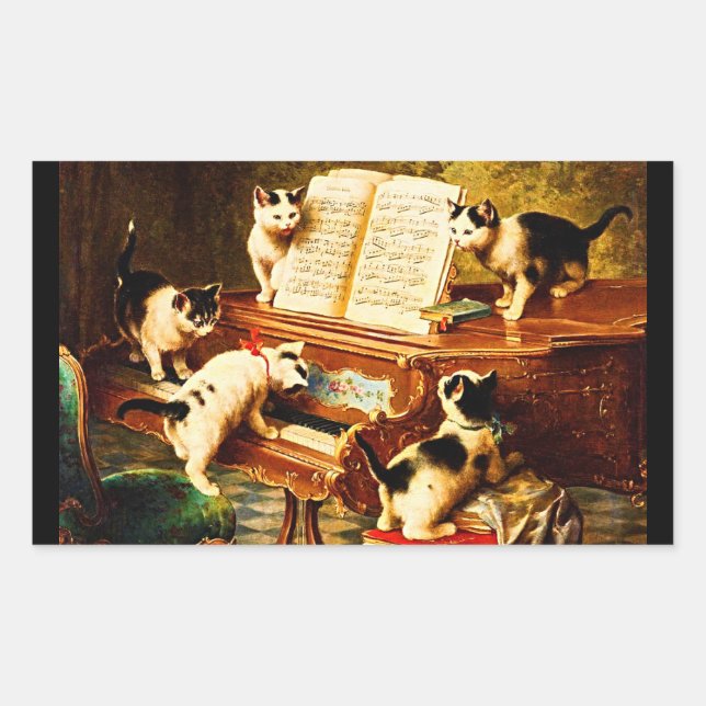 Sticker Rectangulaire Le Kitten Considérant de mignons chats au piano (Devant)