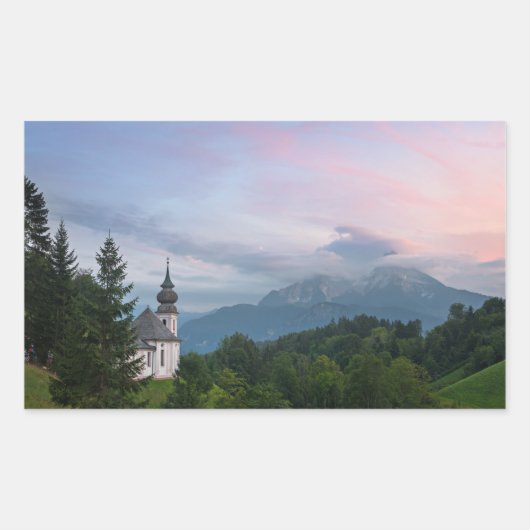 Sticker Rectangulaire L'église avec les Alpes au coucher du soleil (Devant)