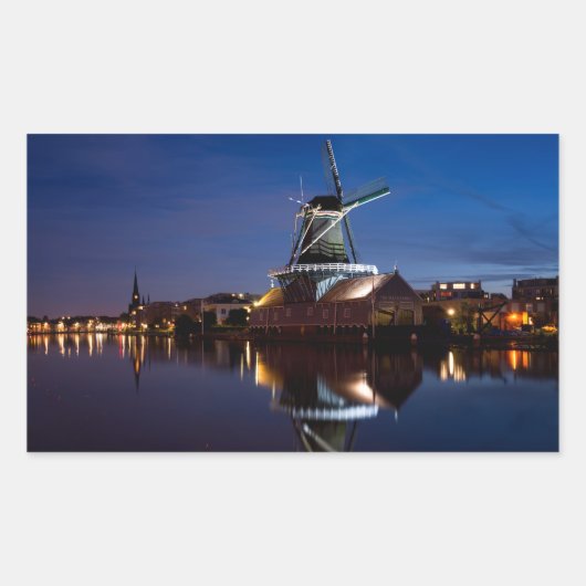 Sticker Rectangulaire Leidschendam moulin à vent avec réflexion la nuit (Devant)