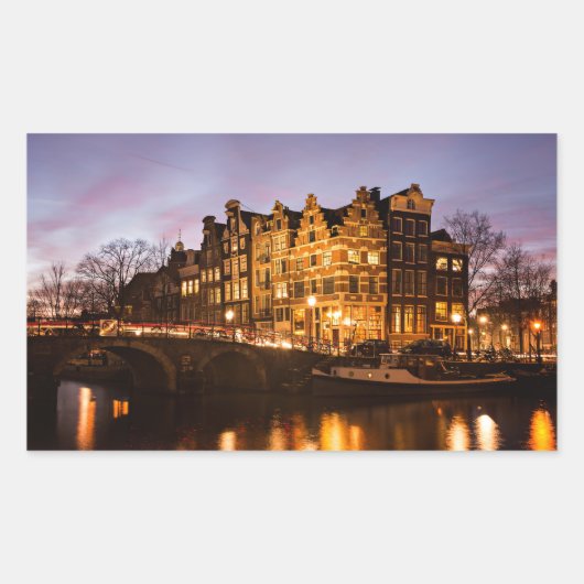 Sticker Rectangulaire Les maisons du canal d'Amsterdam à la crépuscule r (Devant)