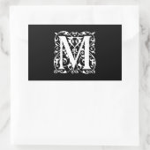 Sticker Rectangulaire Lettre élégante M Blanc sur Monogramme noir (Sac)