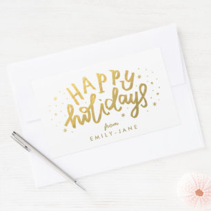 Sticker Rectangulaire Lettre Joyeuses Fêtes Or Feuille Noël