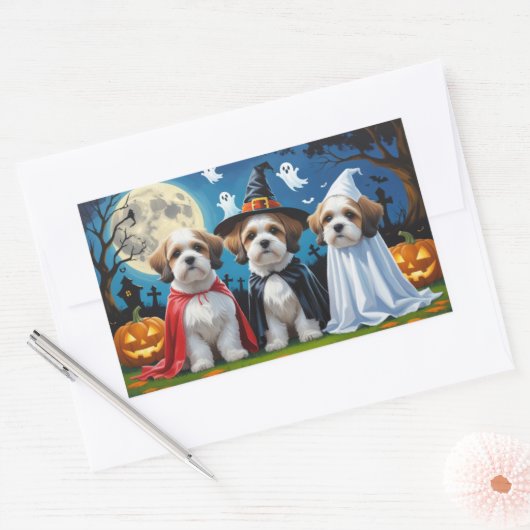 Sticker Rectangulaire Lhasa Apso Chiens Citrouille Halloween Funny (Enveloppe)