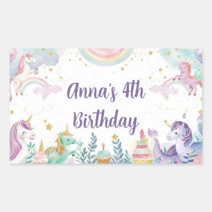 Sticker Rectangulaire Licorne Sirène Aquarelle Arc-en-ciel Cadeau de Fêt