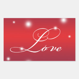 Sticker Rectangulaire LOVE script ruban neige brillante rouge grand étiq
