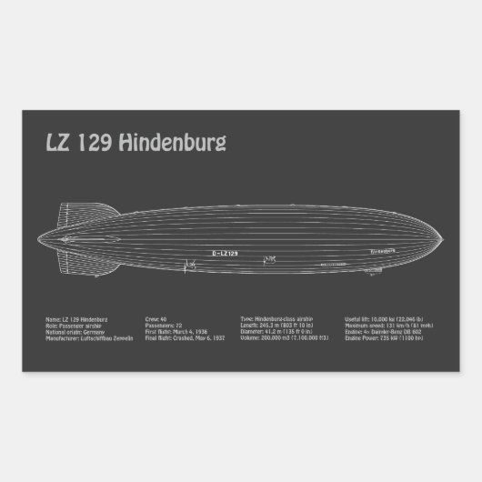 Sticker Rectangulaire LZ 129 Hindenburg - Plan directeur des navires PD (Devant)