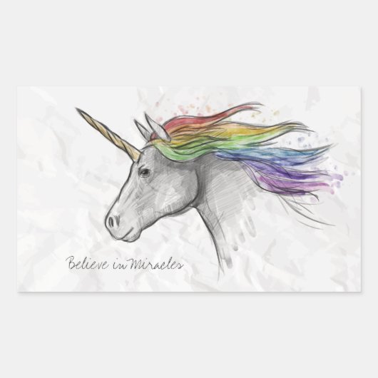 Sticker Rectangulaire Main Tirée Magique Unicorne. Crois en Miracles. (Devant)