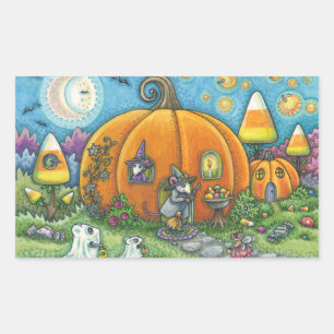 STICKER RECTANGULAIRE MAISON DE SOURIS, TRICK OU TRAITEMENT BALLES HALLO