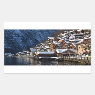 Sticker Rectangulaire Maison en bois au bord du lac à Hallstatt, Autric