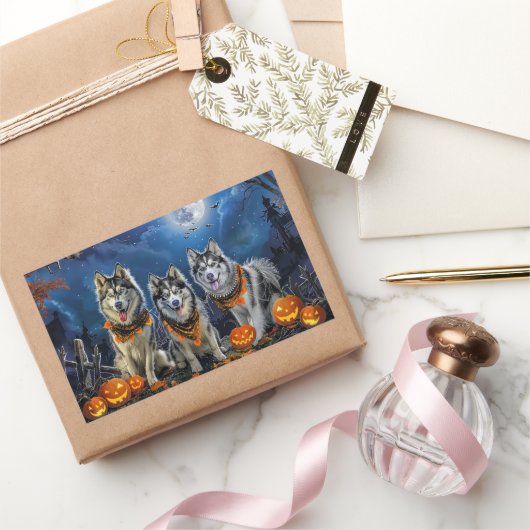 Sticker Rectangulaire Malamute d'Alaska Halloween Épouvantable  (Cadeaux)