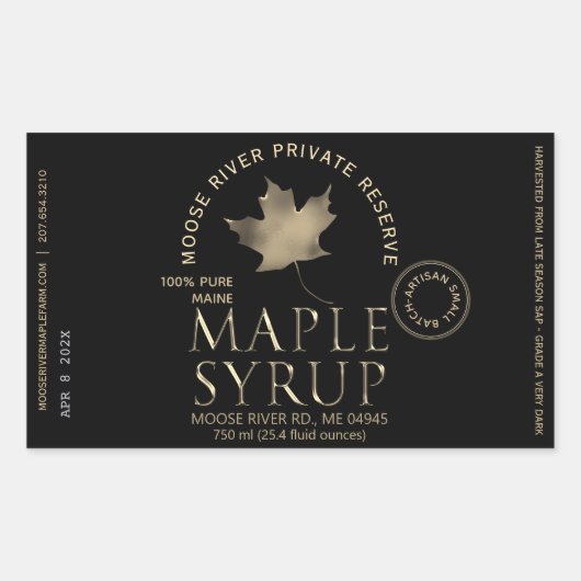 Sticker Rectangulaire MAPLE SYRUP Réserve privée Gold Leaf Date de récol (Devant)