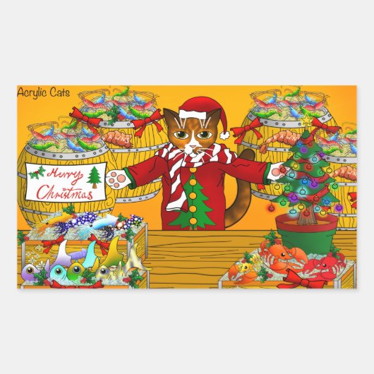Sticker Rectangulaire Marché de poisson de Noël Stand Chat (Devant)