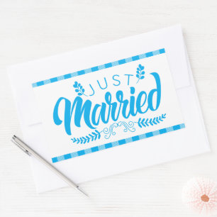 Sticker Rectangulaire Mariage Campagne Gingham Bleu à Carreaux Juste Mar