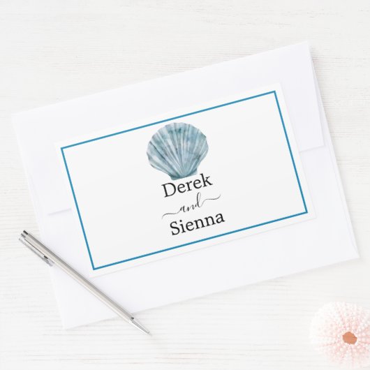 Sticker Rectangulaire Mariage Coquillage Simple Bleu Sarcelle Vintage (Enveloppe)