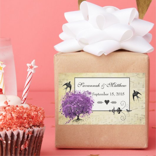 Sticker Rectangulaire Mariage de feuille d'arbre de coeur violet radiant (Fête)