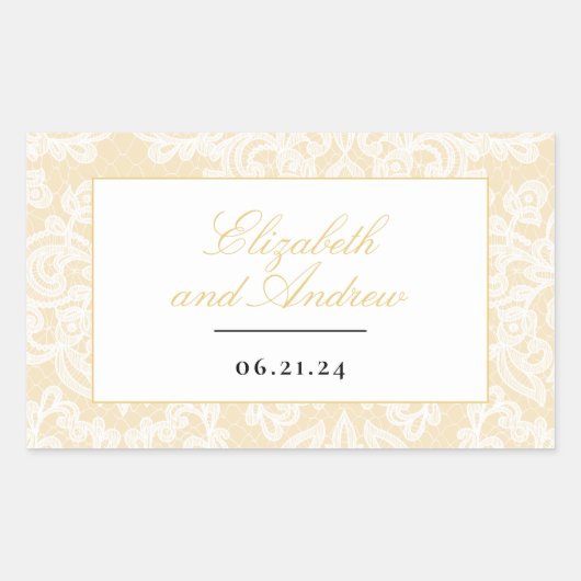 Sticker Rectangulaire Mariage de script élégant en dentelle noire et or (Devant)