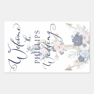 Sticker Rectangulaire Mariage nautique Floral Ancre Marine Bleu BIENVENU