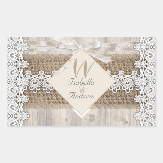 Sticker Rectangulaire Mariage Russe Beige Blanc dentelle Bois Burlap AB (Devant)